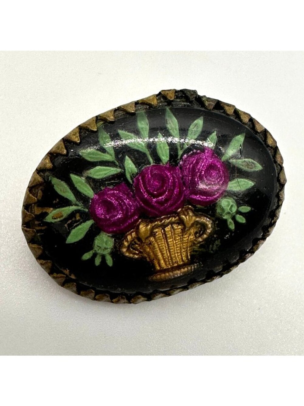 Victorian Brass Brooch Pin Purple Roses Gold Basket Oval Pin Antique Floral